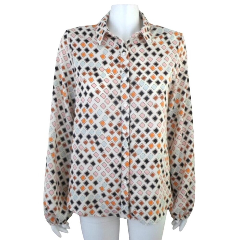 Molly Green Diamond Print Blouse Womens M Button Up Long Bishop Sleeve